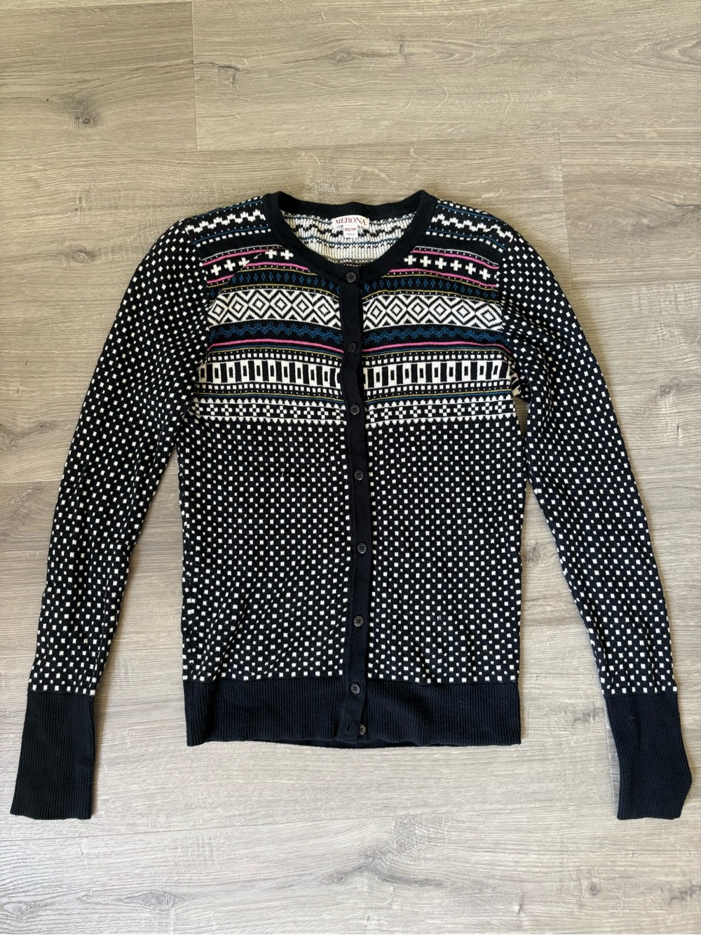 Merona Black Fair Isle Button Cardigan with Pink & Teal Accents